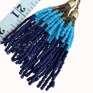 J. Crew Long Beaded Tassel Necklace With Blue & Turquoise Beads On Brass Chain